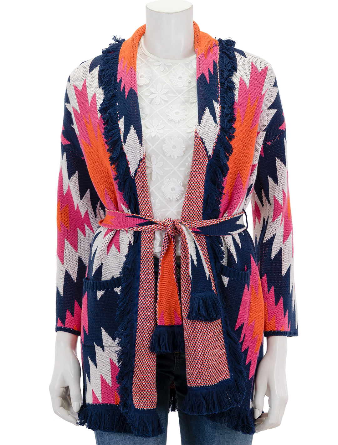 Front view of Vilagallo's Wrap Cardigan in Pink and Navy Multi.