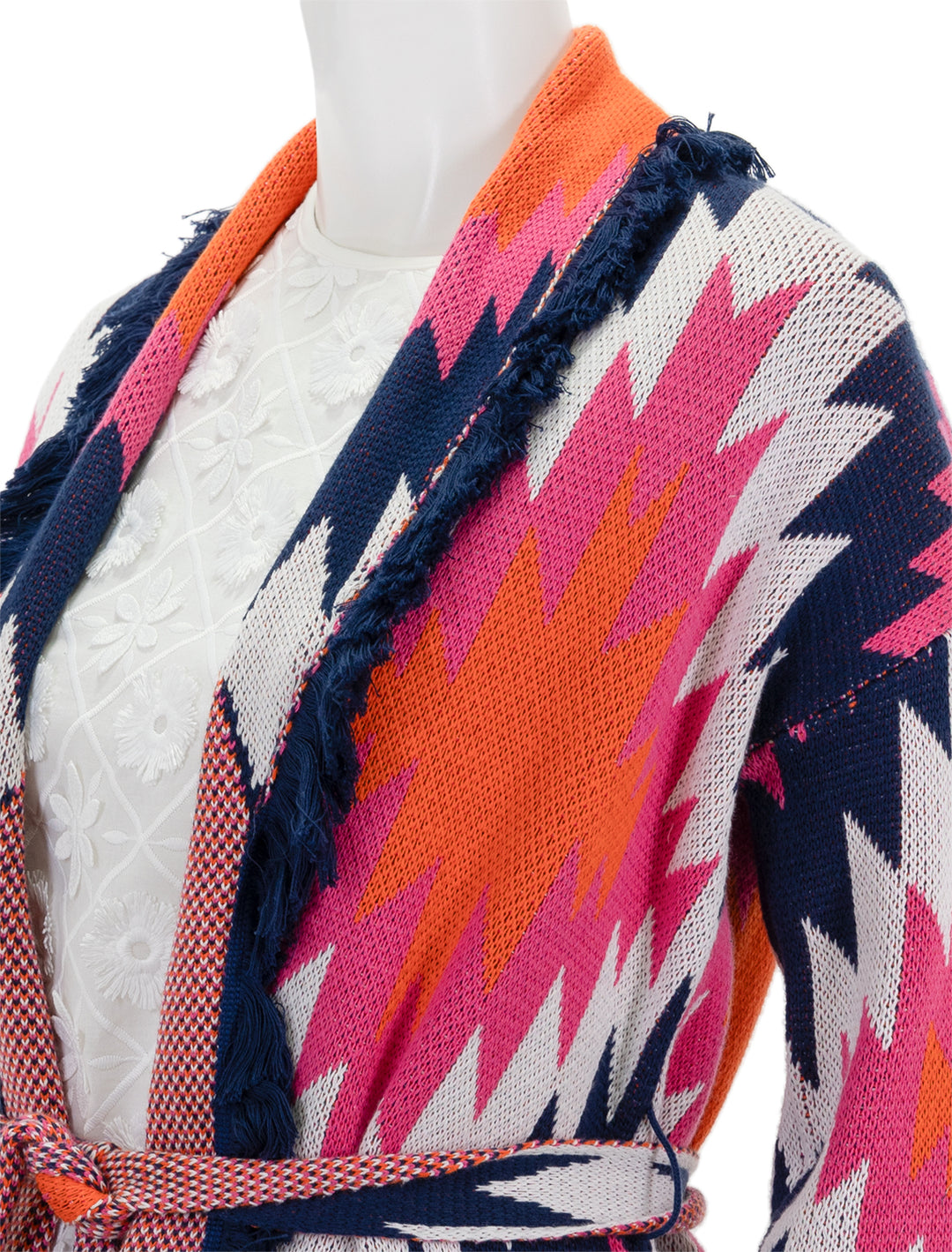 Close-up view of Vilagallo's Wrap Cardigan in Pink and Navy Multi.