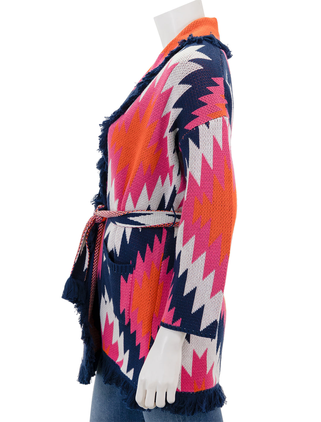 Side view of Vilagallo's Wrap Cardigan in Pink and Navy Multi.