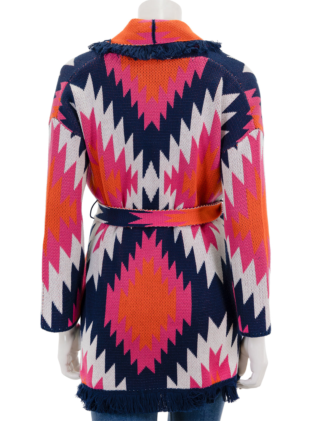 Back view of Vilagallo's Wrap Cardigan in Pink and Navy Multi.