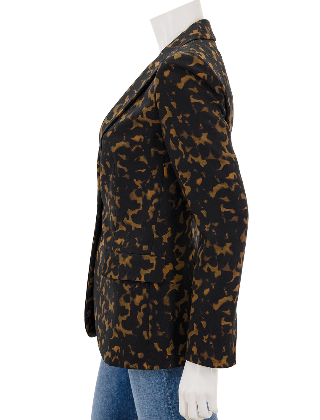 Side view of Theory's staple blazer in tortoise shell print.