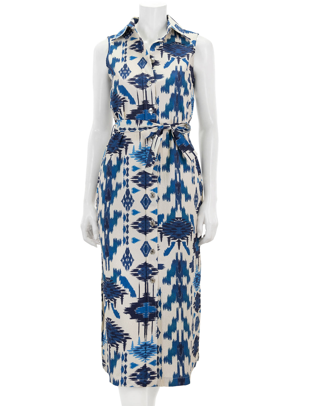 Front view of Vilagallo's livia dress in blue ikat.