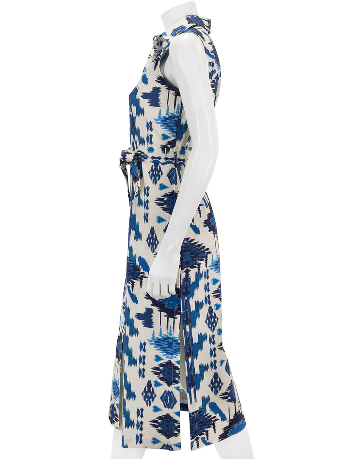 Side view of Vilagallo's livia dress in blue ikat.