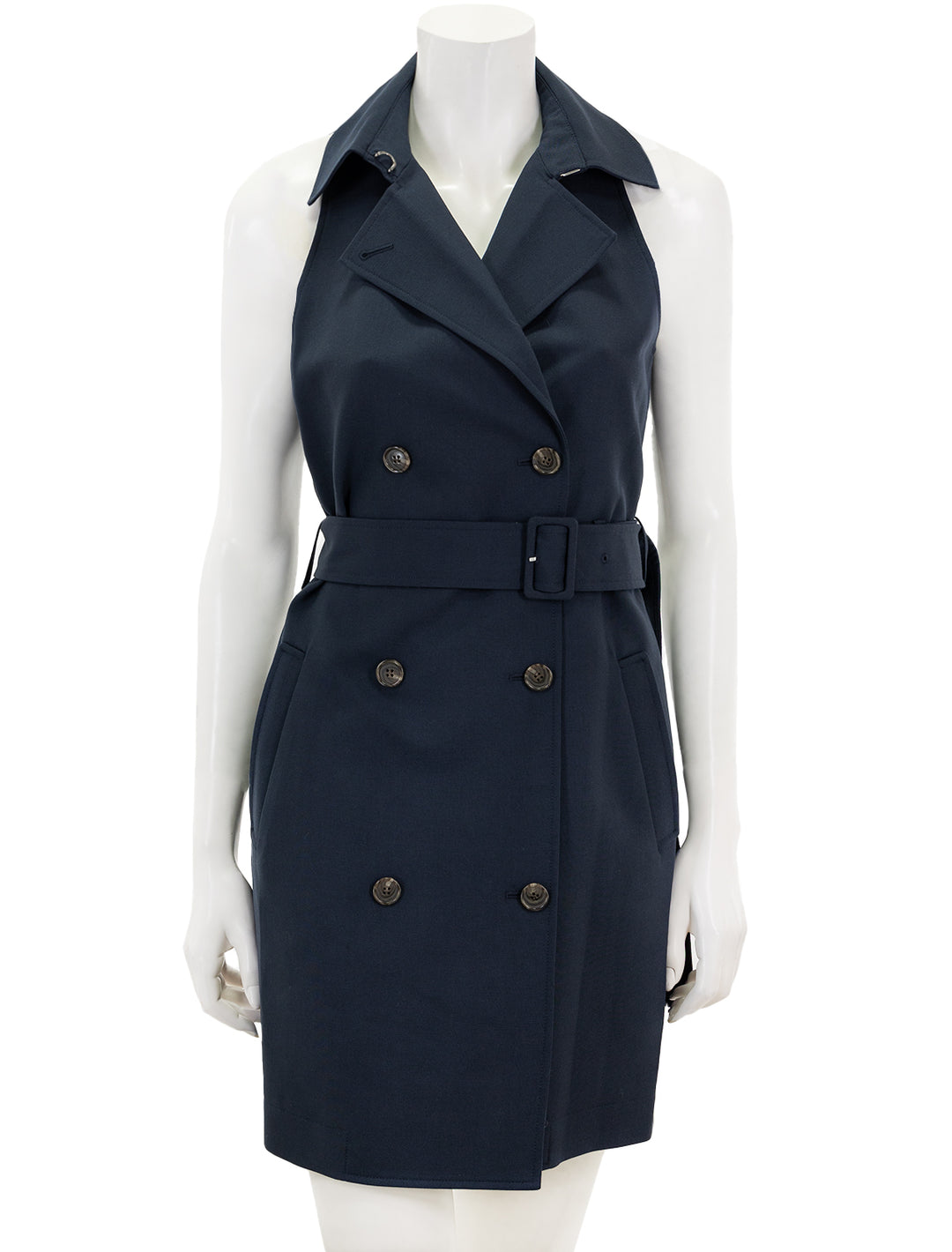 Front view of Theory's halter trench dress in nocturne navy.