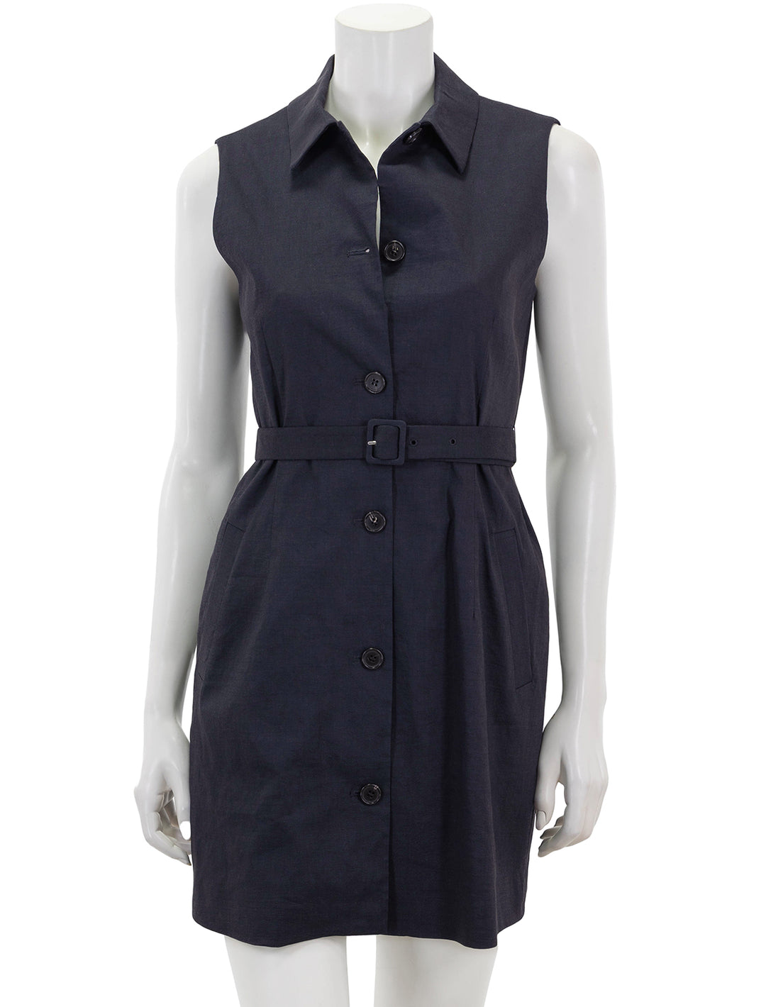 Front view of Theory's belted sleeveless shirtdress in concord.