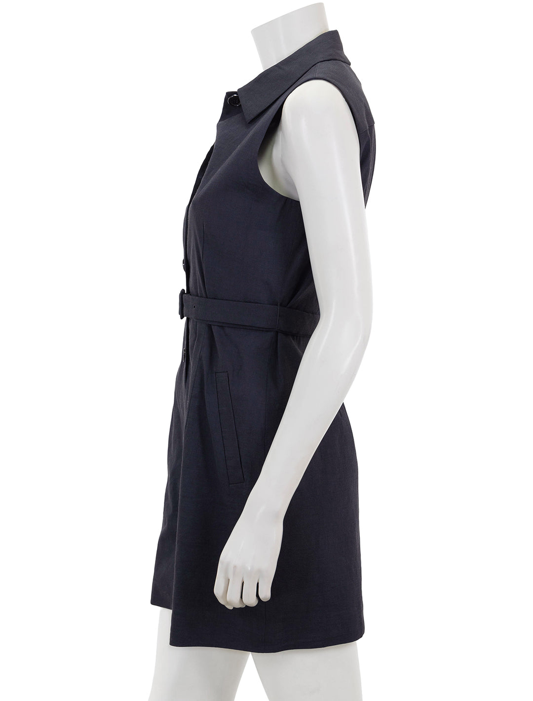 Side view of Theory's belted sleeveless shirtdress in concord.