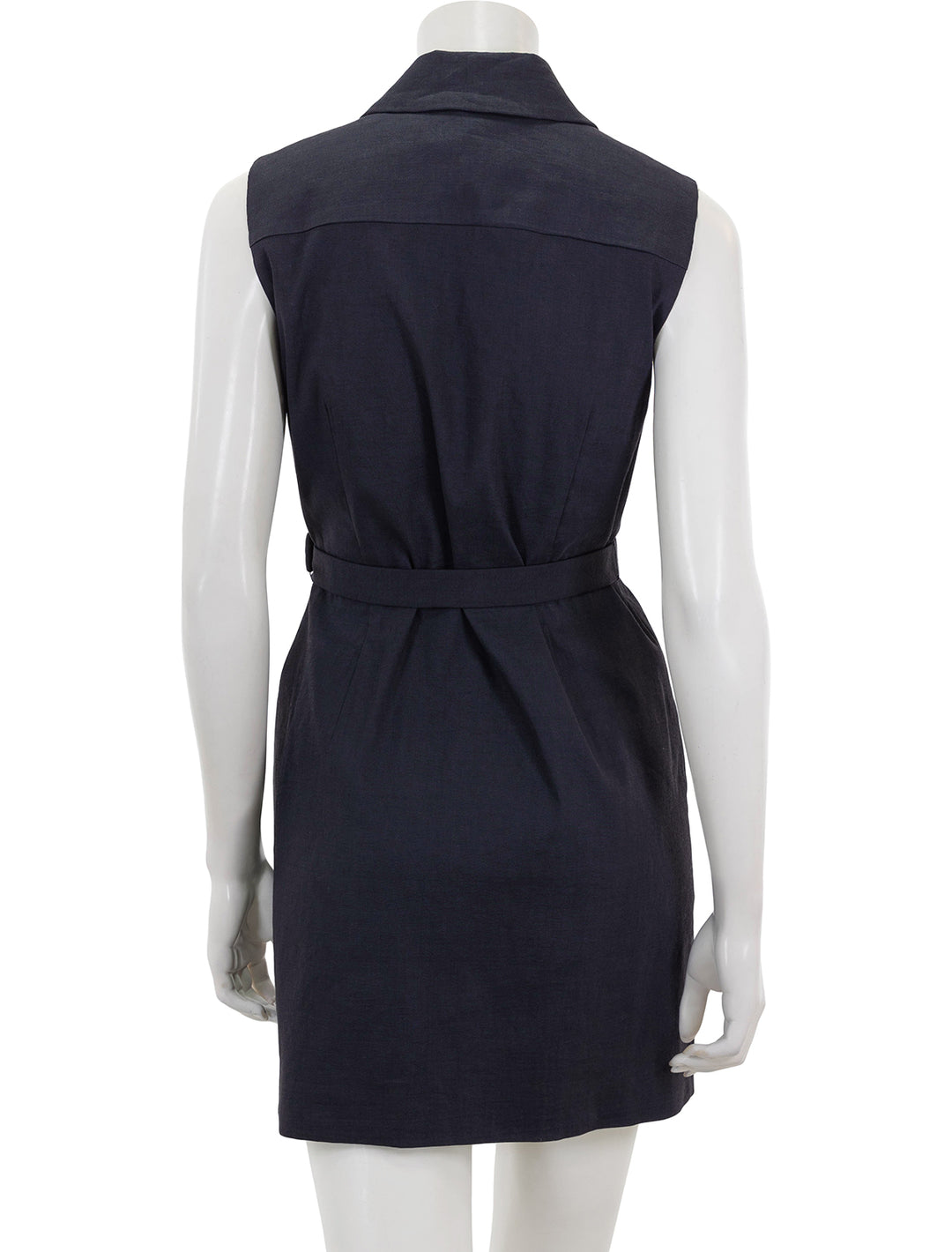 Back view of Theory's belted sleeveless shirtdress in concord.