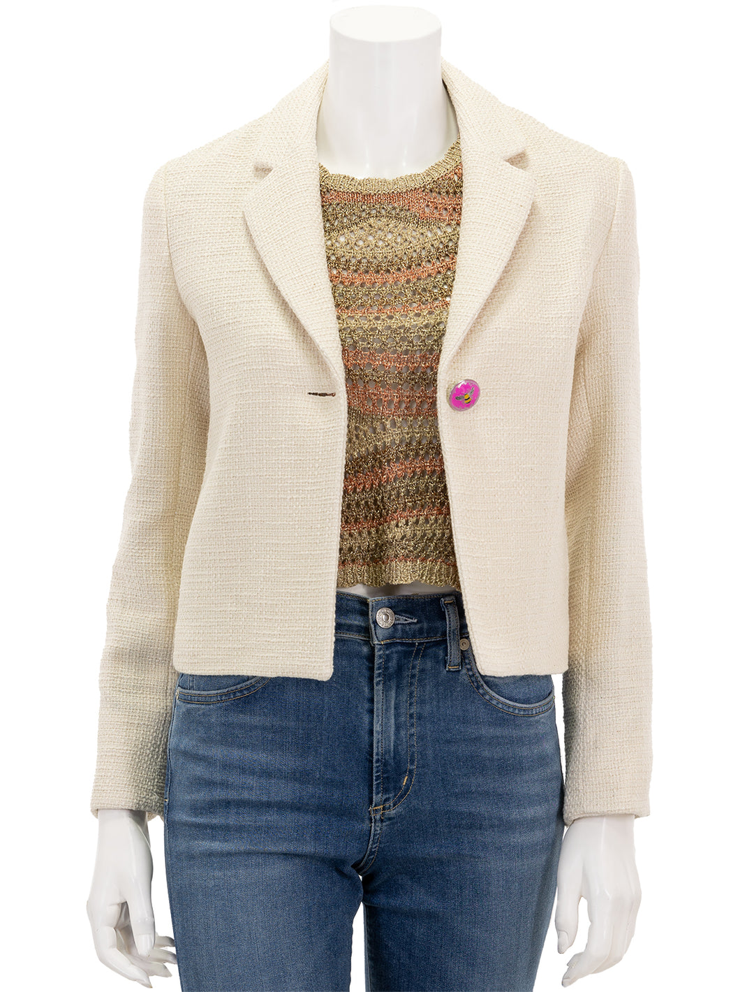 Front view of Vilagallo's imma jacket in ivory, unbuttoned.
