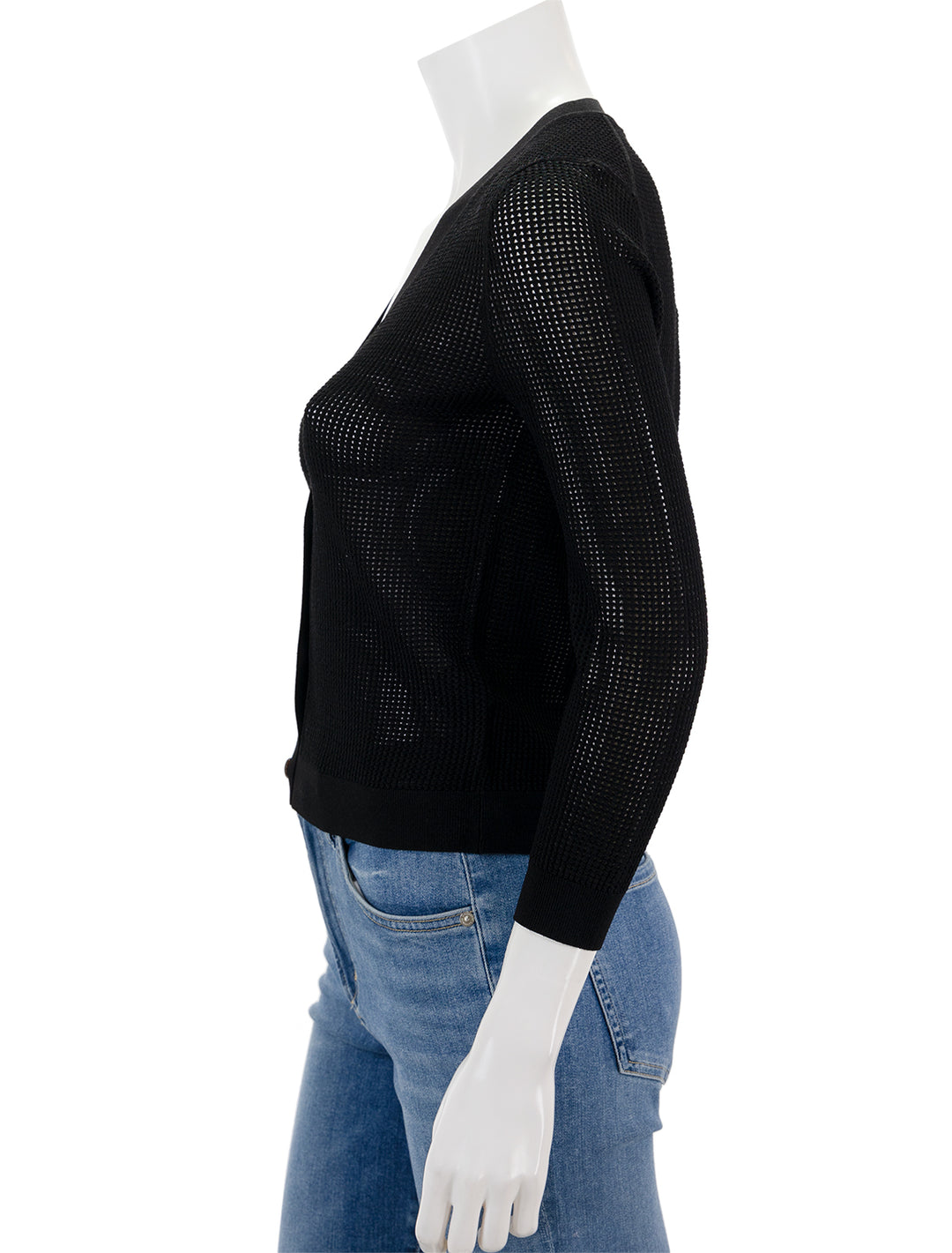 Side view of Theory's pointelle cardi in black.