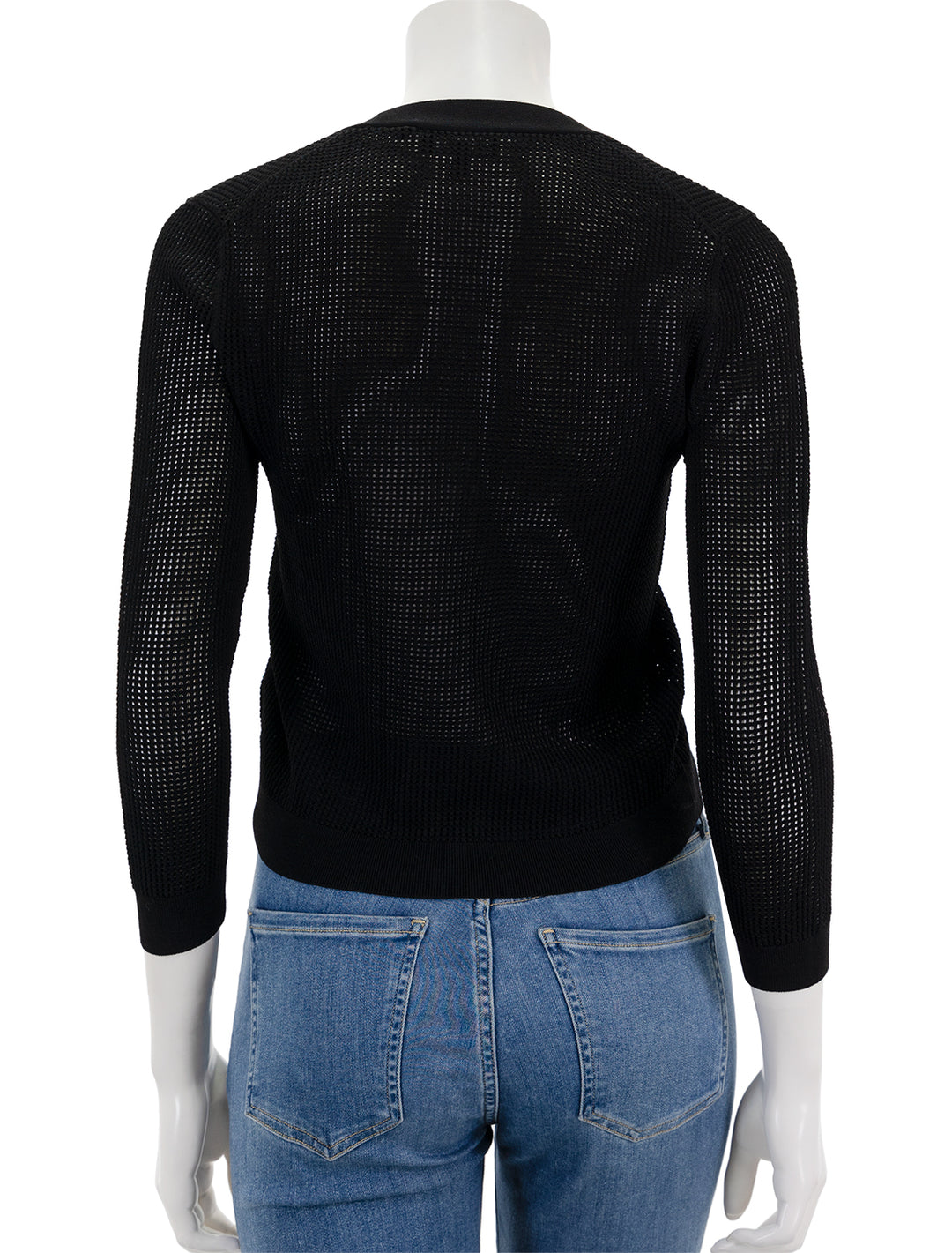 Back view of Theory's pointelle cardi in black.