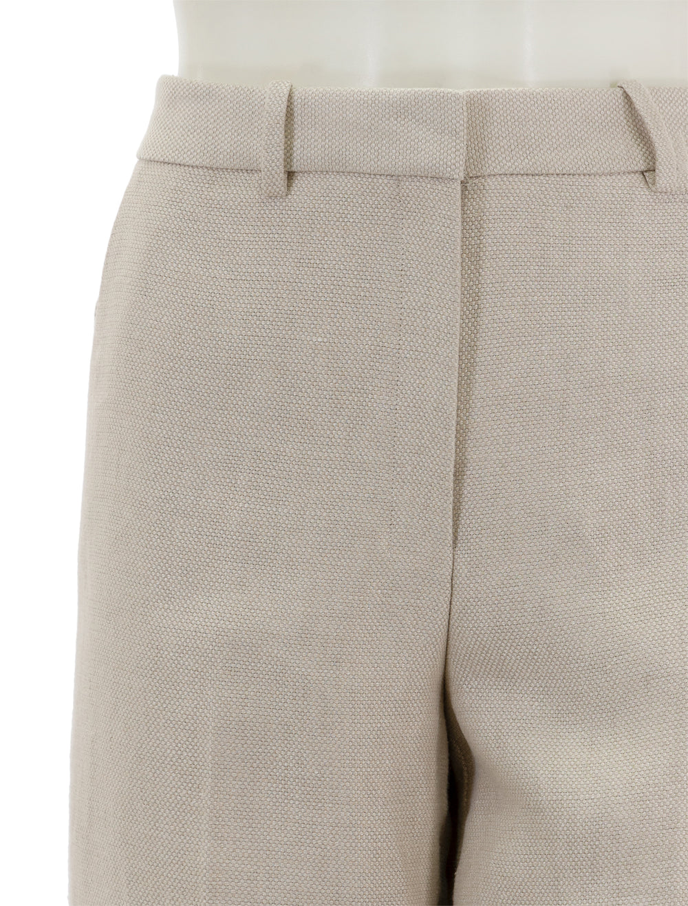 Close-up view of Theory's clean trouser in straw basketweave linen.