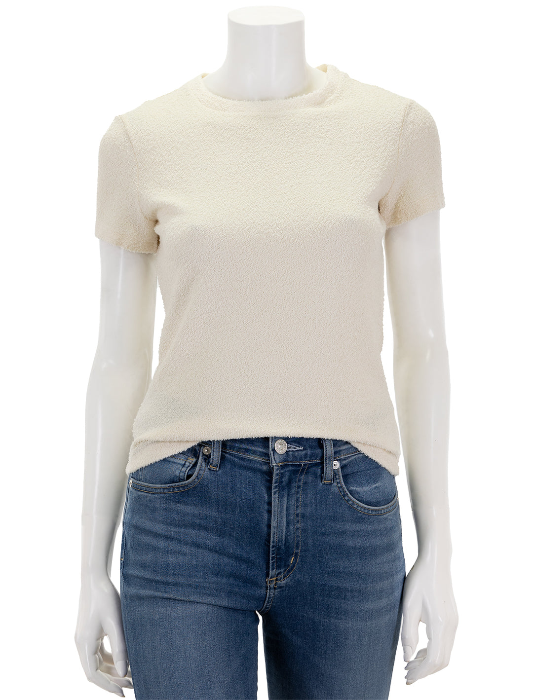 Front view of Theory's tiny tee in ivory boucle.