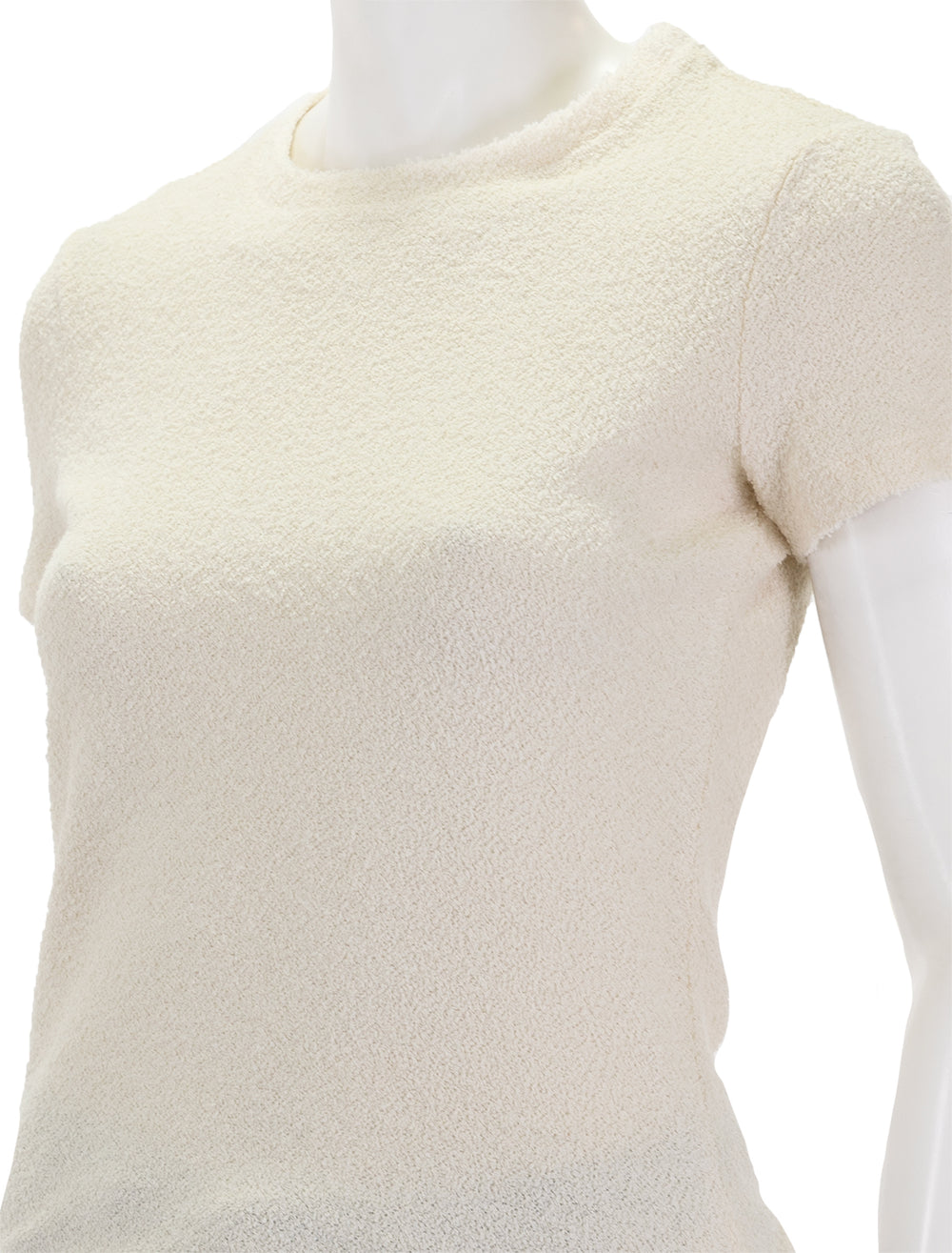 Close-up view of Theory's tiny tee in ivory boucle.