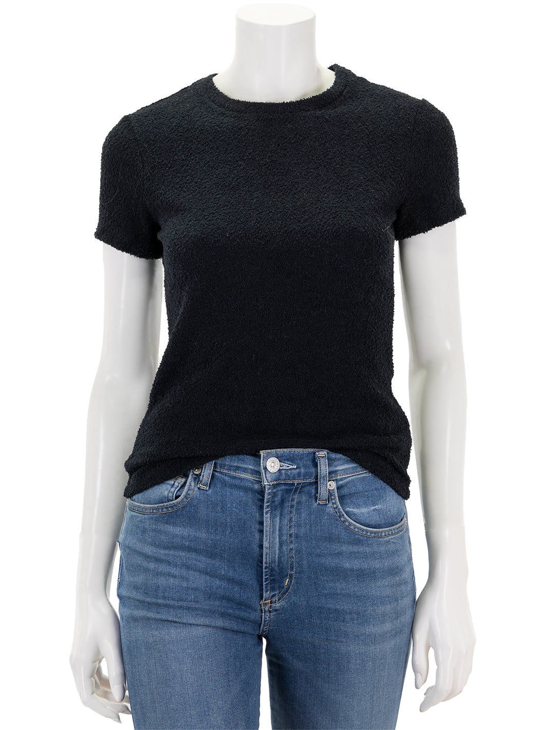 Front view of Theory's tiny tee in black boucle.