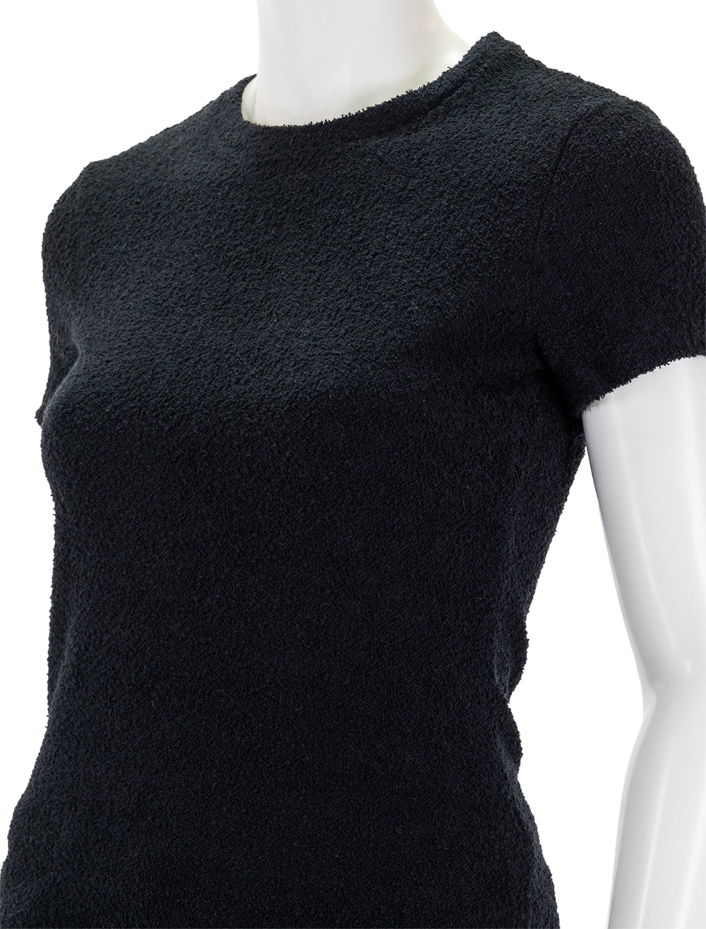 Close-up view of Theory's tiny tee in black boucle.