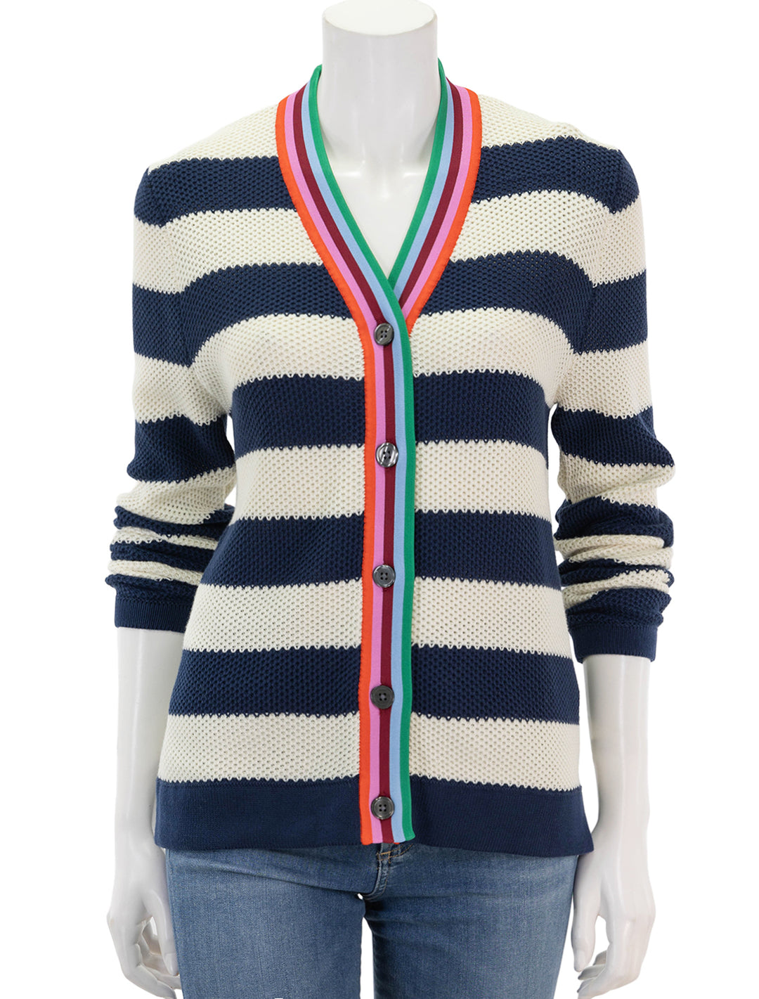 front view of the raven cardi in navy and cream stripe