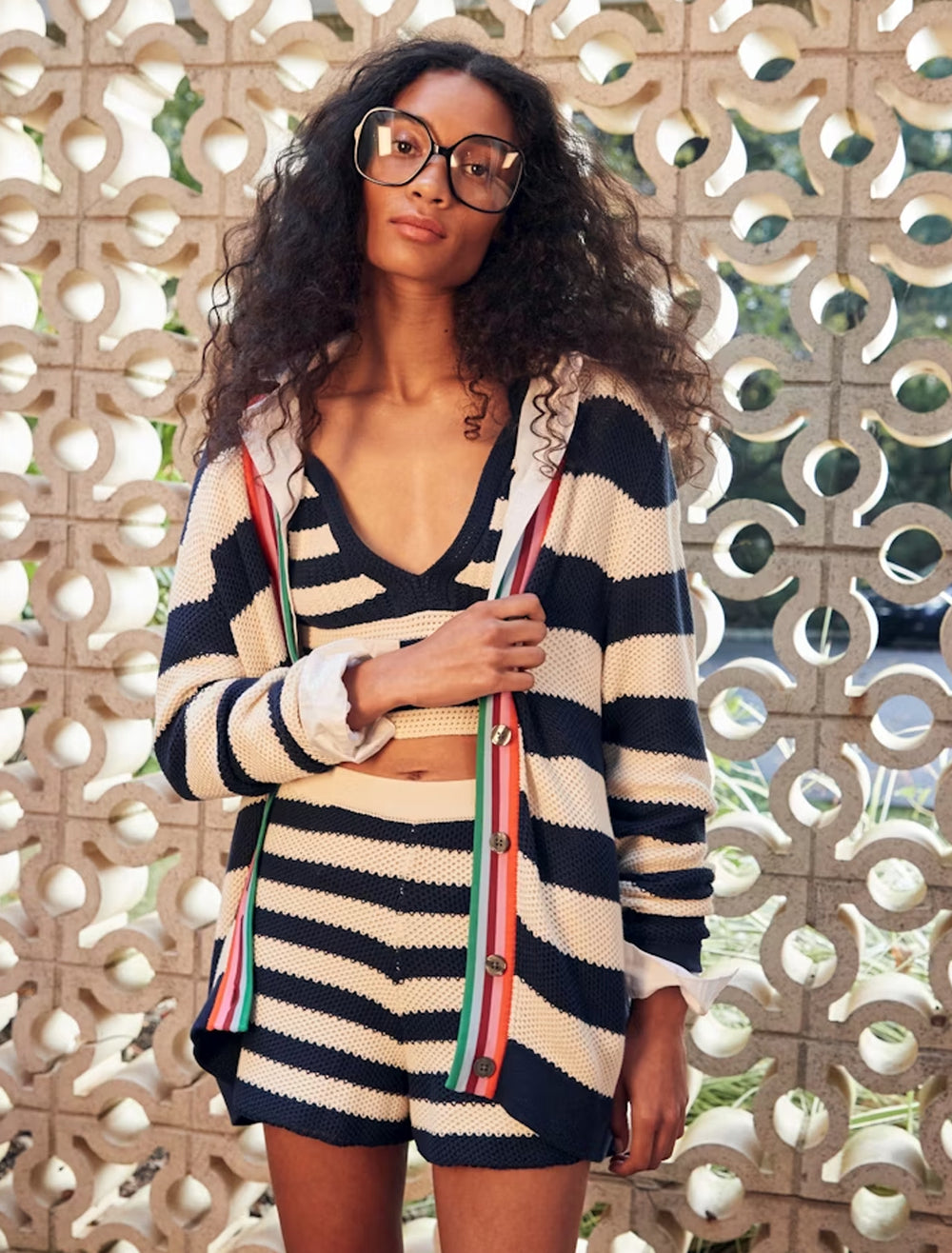 model wearing the raven cardi in navy and cream stripe
