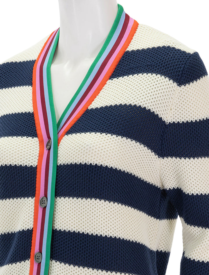 close up view of the raven cardi in navy and cream stripe