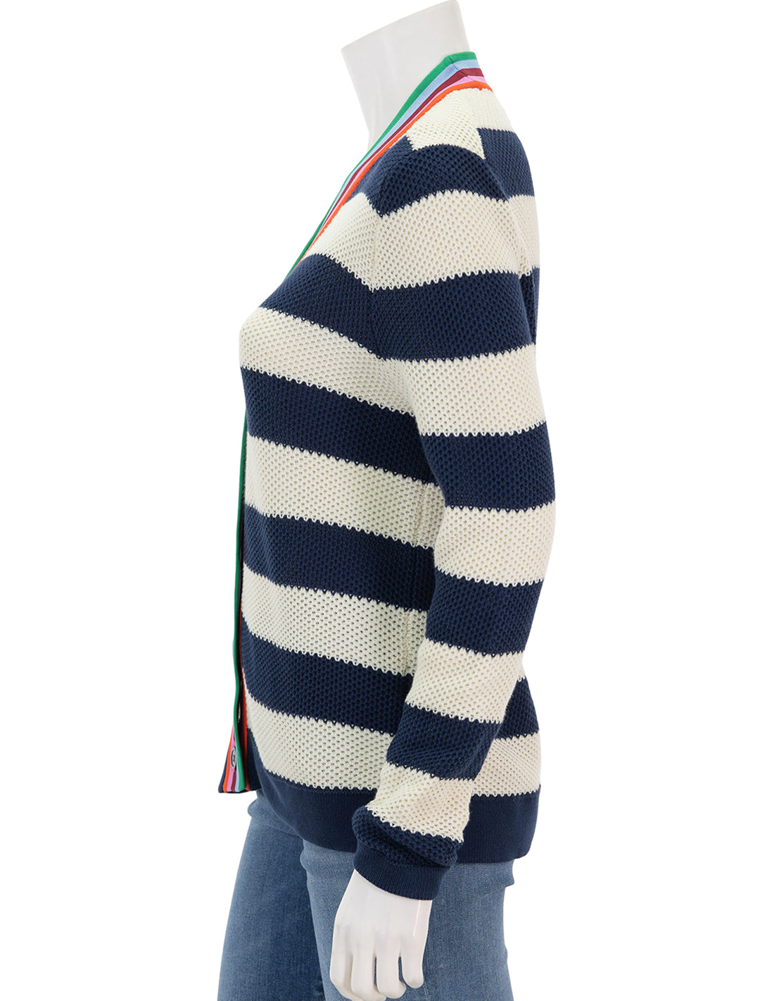 side view of the raven cardi in navy and cream stripe