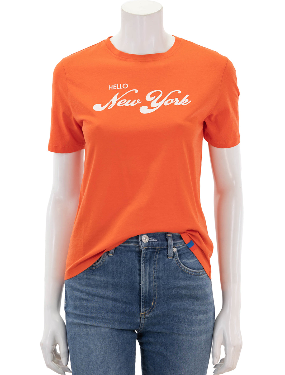 front view of hello new york modern tee in poppy