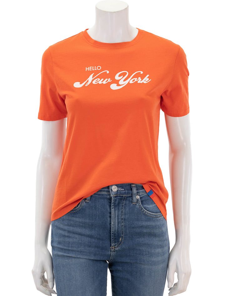 front view of hello new york modern tee in poppy