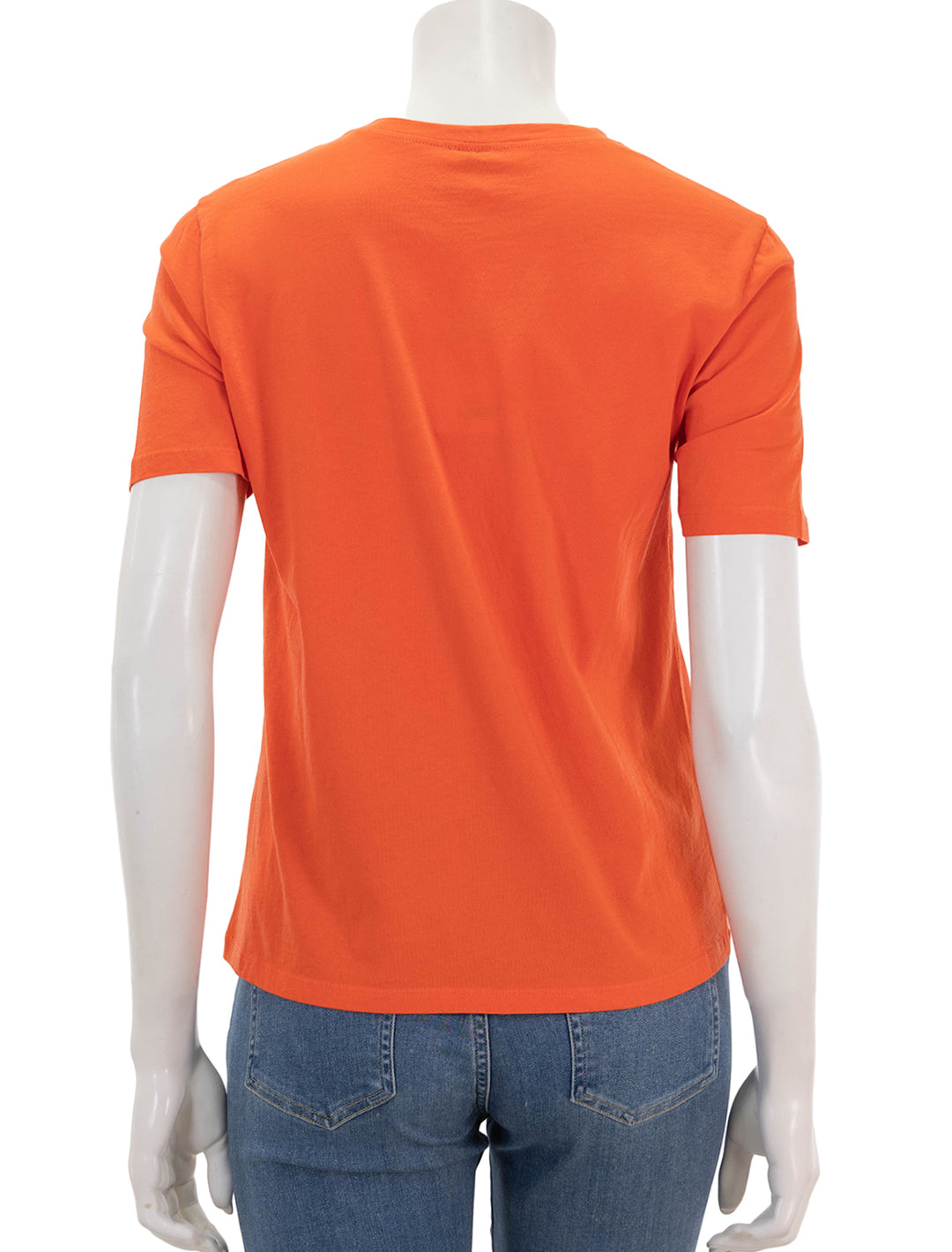 back view of hello new york modern tee in poppy