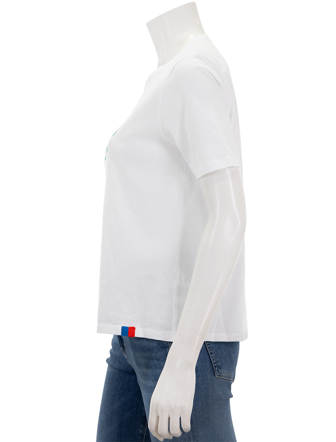 Side view of KULE's the LOVE modern tee in white.
