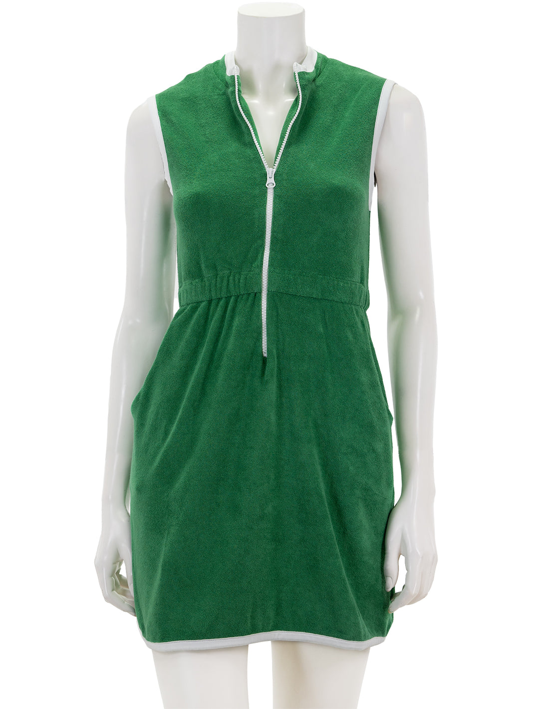 Front view of KULE's the terry dress in green.