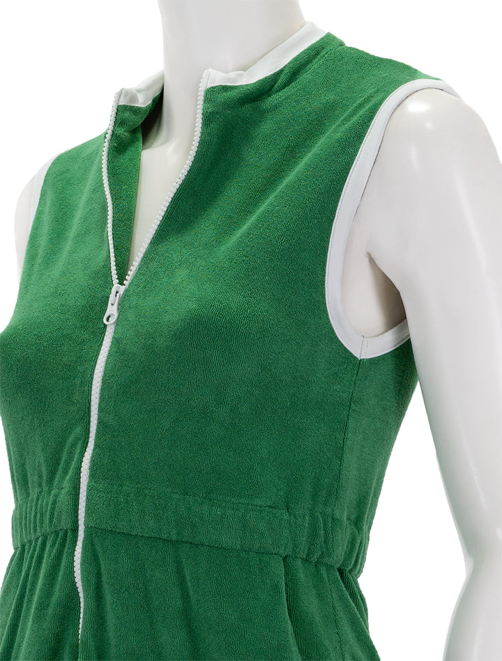 Close-up view of KULE's the terry dress in green.