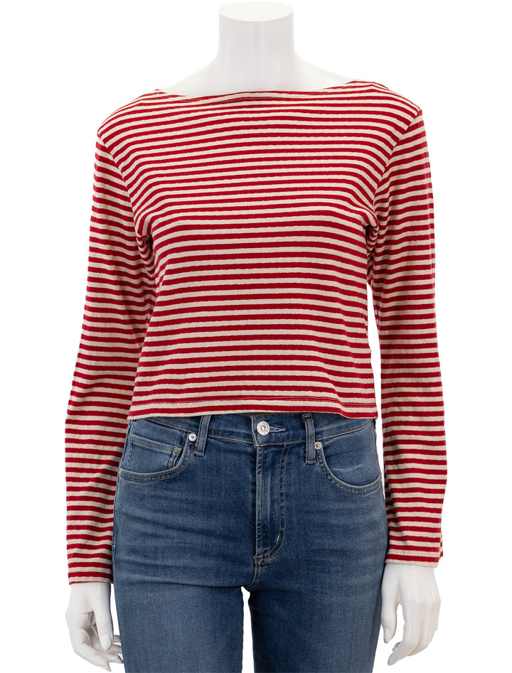 Front view of Mother Denim's the skipper bell tee in red and natural stripe.