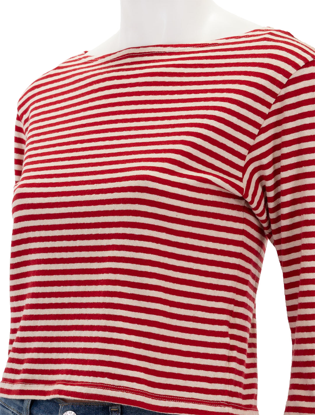 Close-up view of Mother Denim's the skipper bell tee in red and natural stripe.