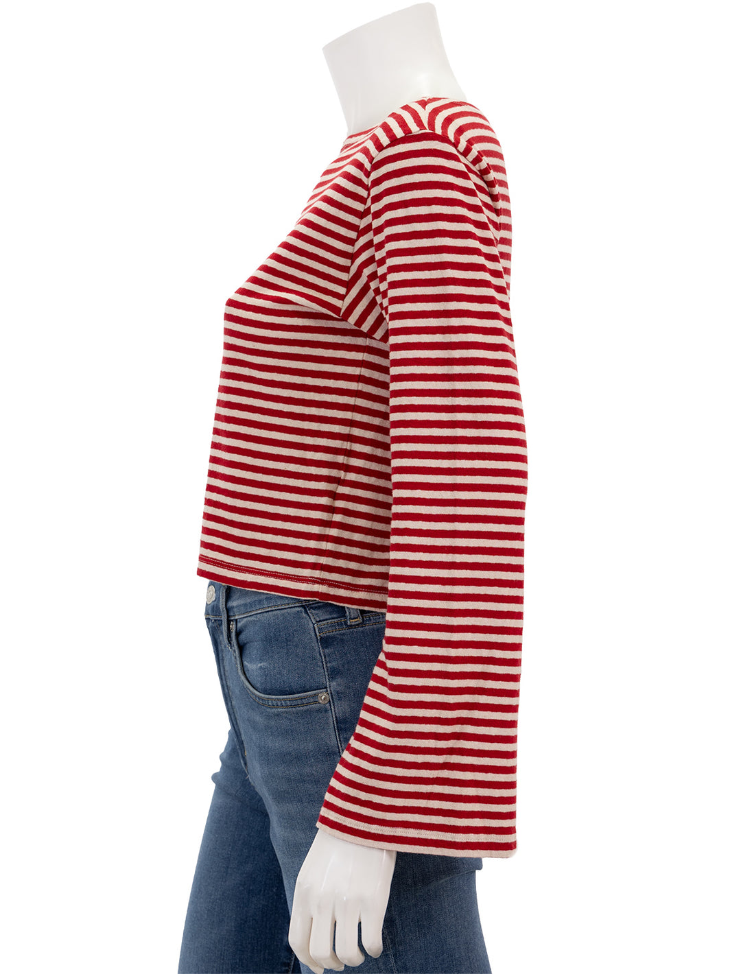 Side view of Mother Denim's the skipper bell tee in red and natural stripe.