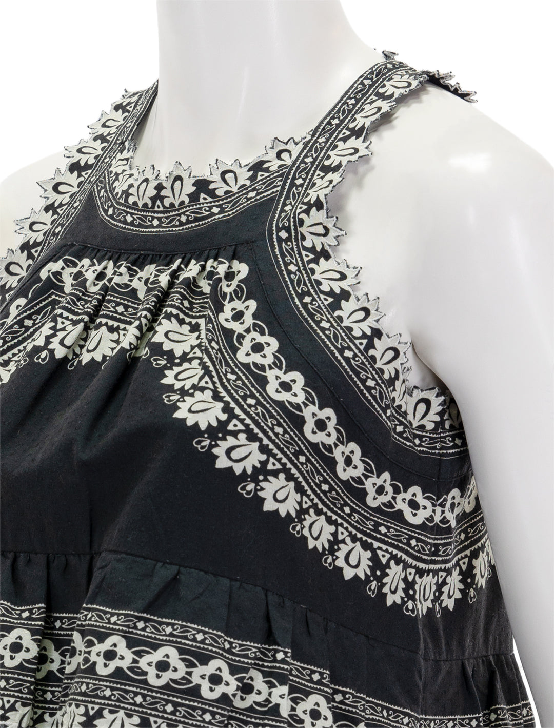Close-up view of Sea NY's amina embroidery tank top in black.