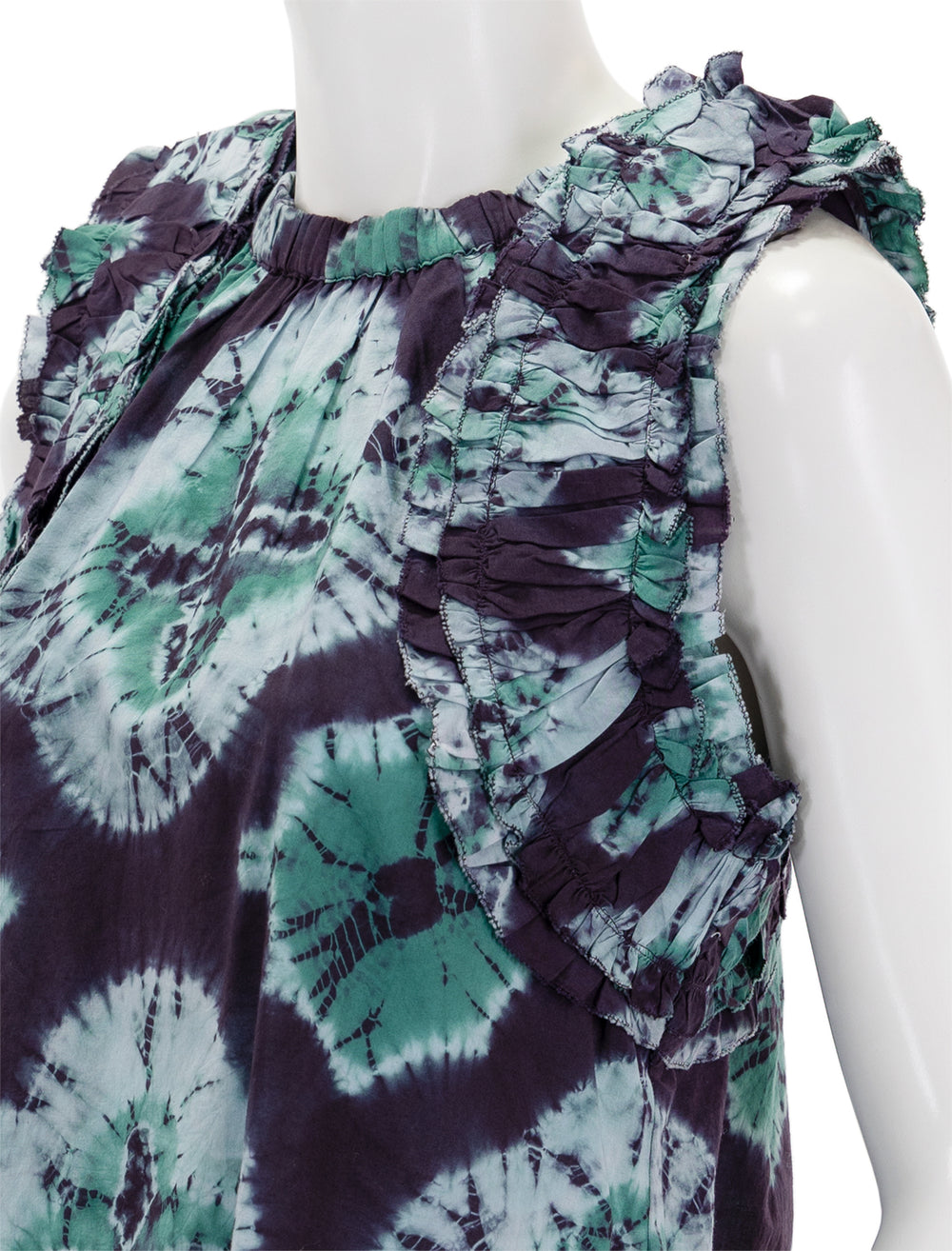 Close-up view of Sea NY's Aveline Tie Dye Print Pintucked Tank Top in Teal.