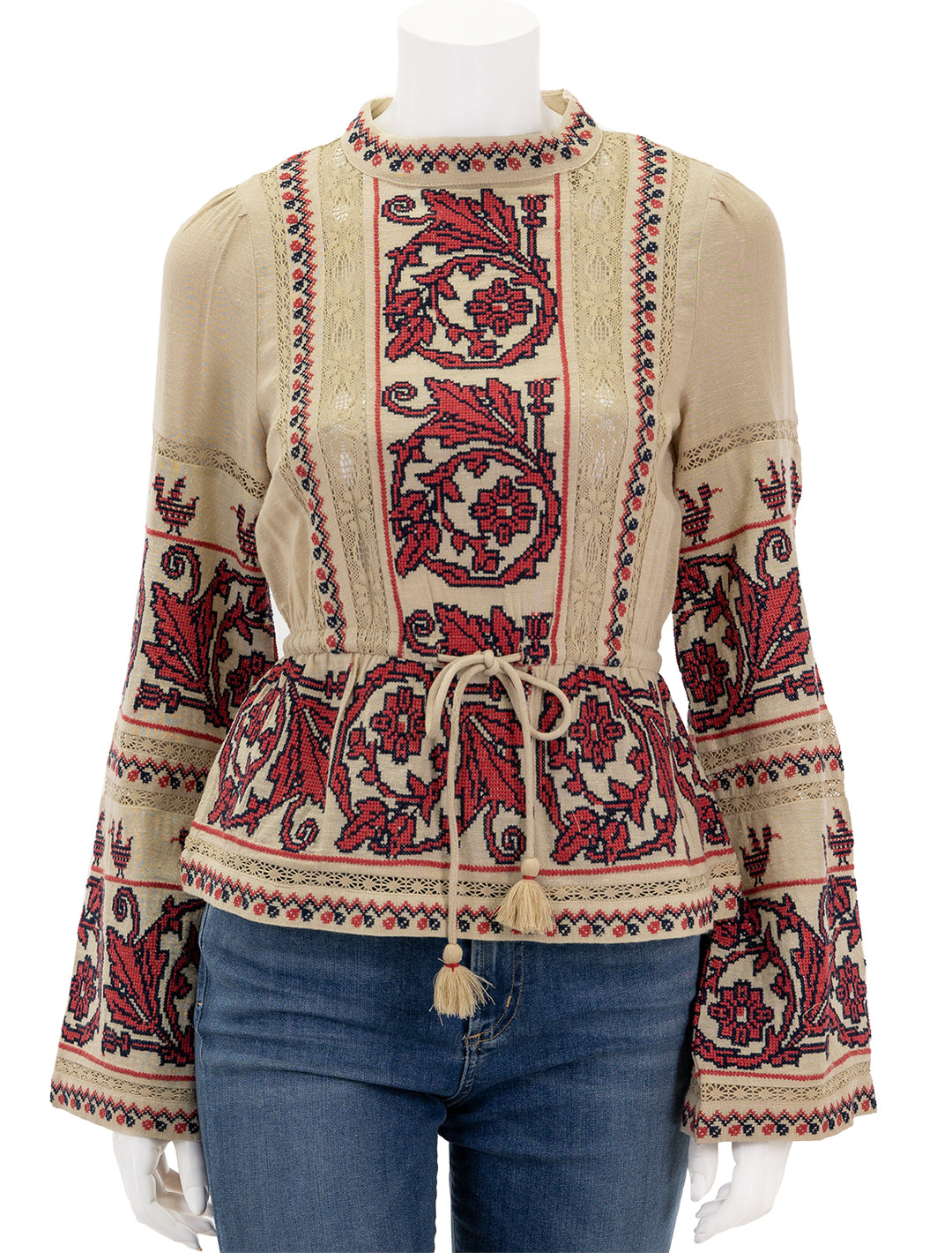 Front view of Sea NY's beena embroidery long sleeve top in taupe.
