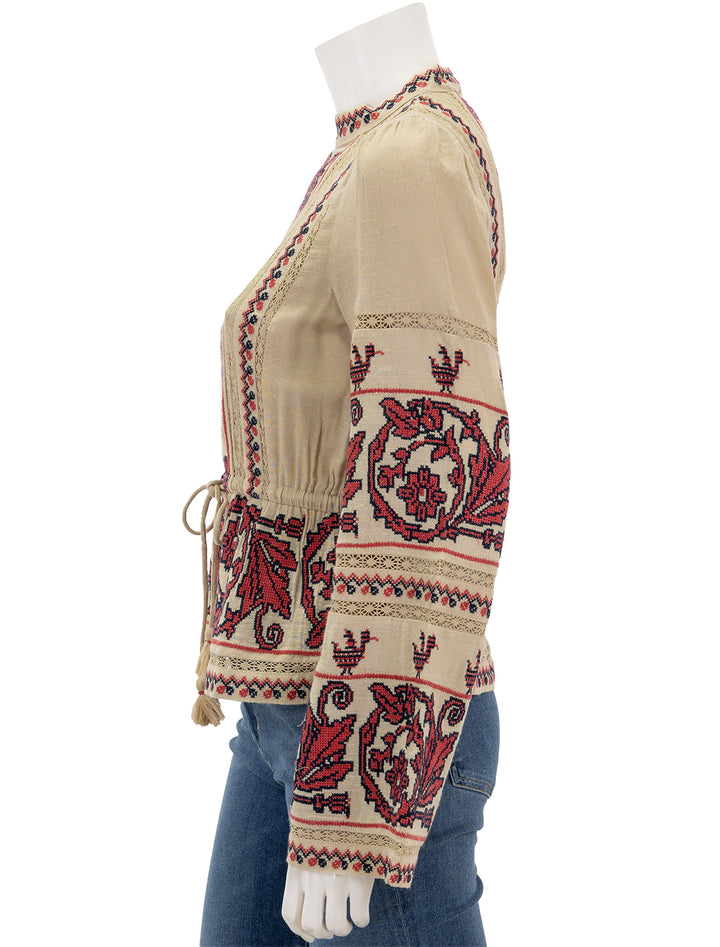 Side view of Sea NY's beena embroidery long sleeve top in taupe.