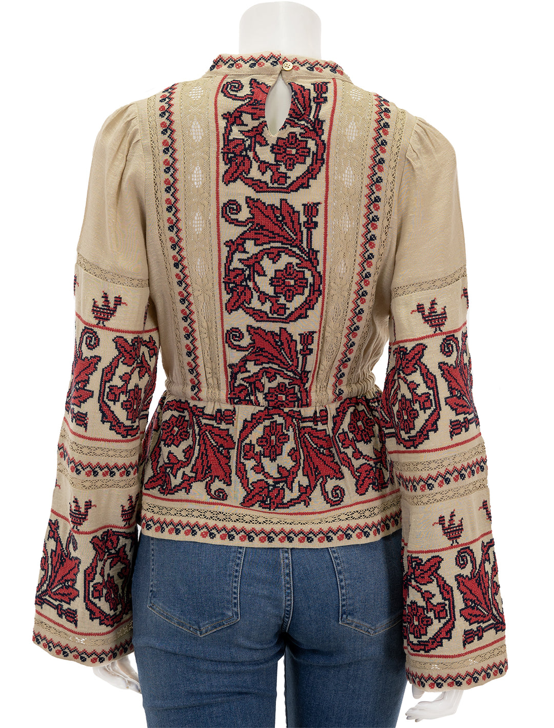 Back view of Sea NY's beena embroidery long sleeve top in taupe.