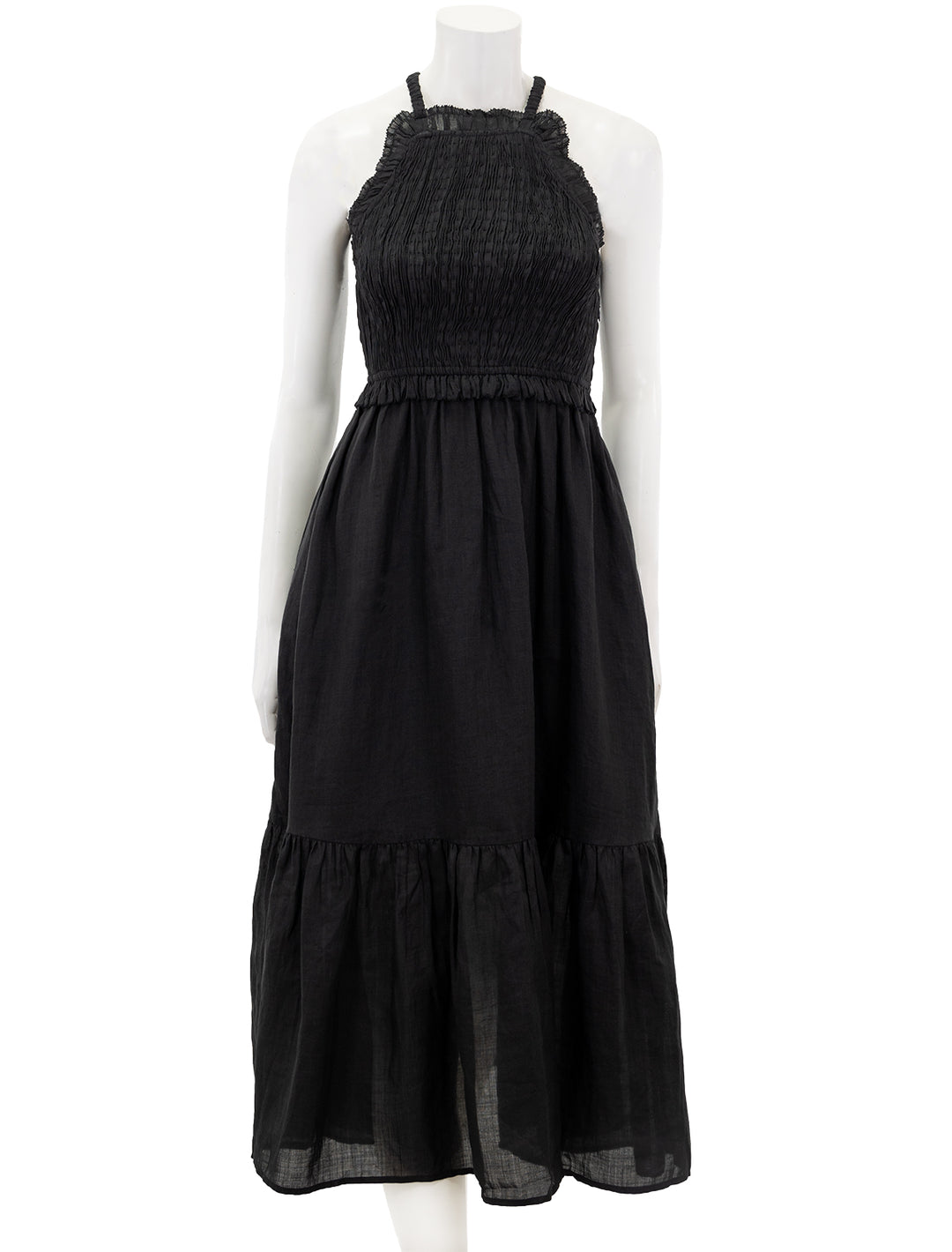 Front view of Sea NY's cole smocked ramie midi dress in black.