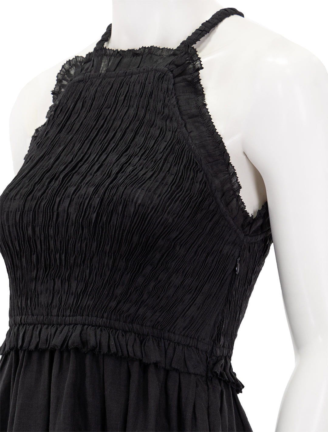 Close-up view of Sea NY's cole smocked ramie midi dress in black.