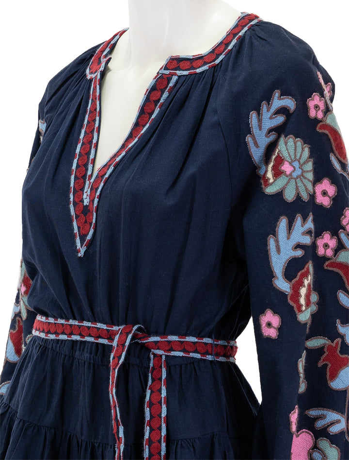 Close-up view of Sea NY's eclisse embroidery tunic dress in navy.