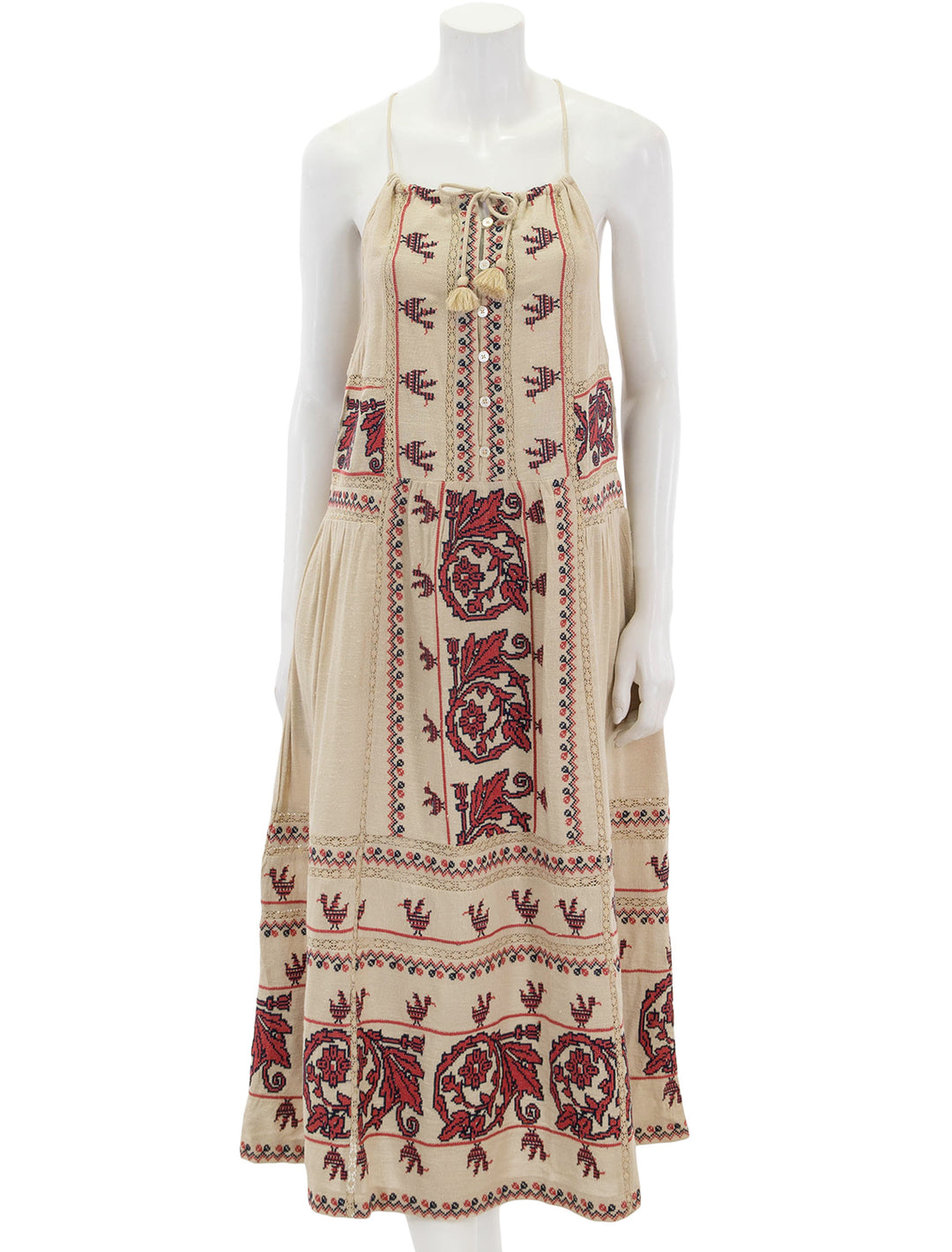 front view of beena embroidery halter neck dress in taupe