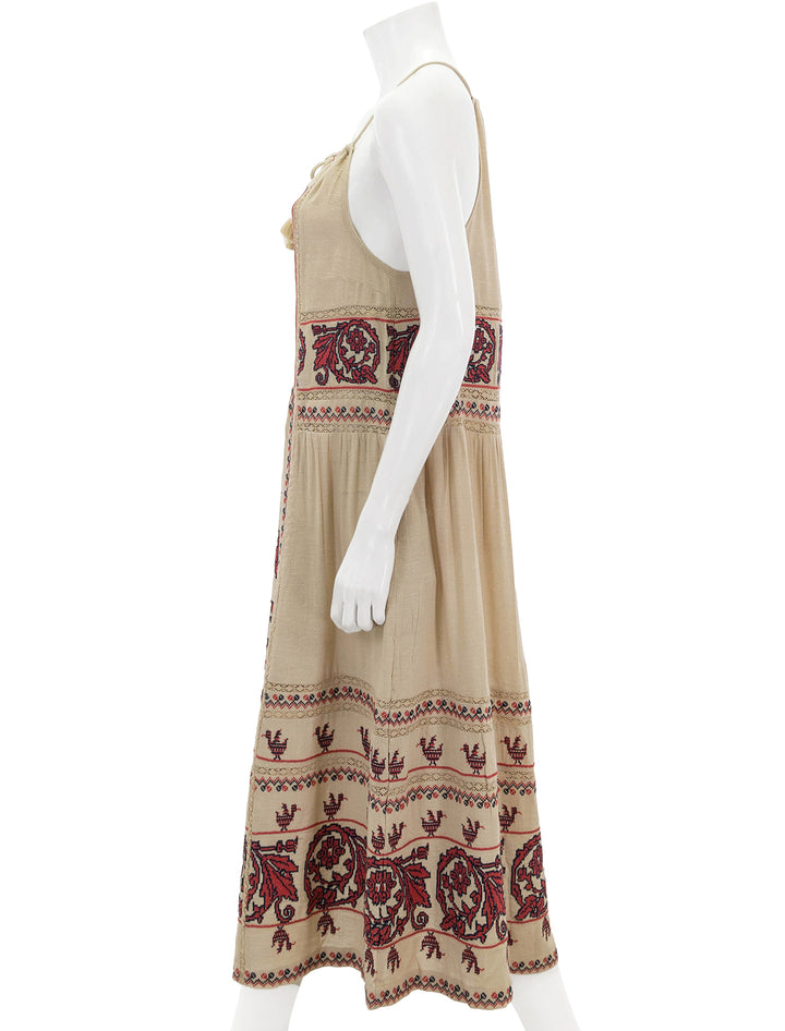 side view of beena embroidery halter neck dress in taupe