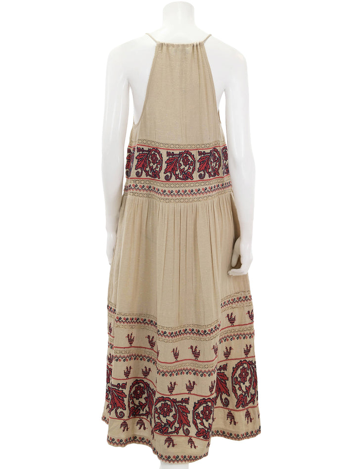 back view of beena embroidery halter neck dress in taupe