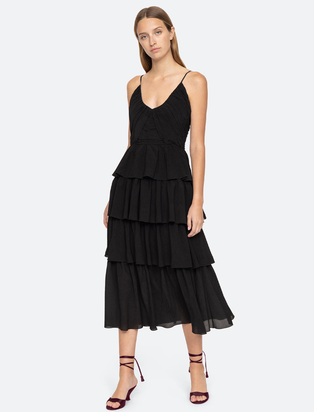 Model wearing Sea NY's Siya Silk Layered Dress in Black.