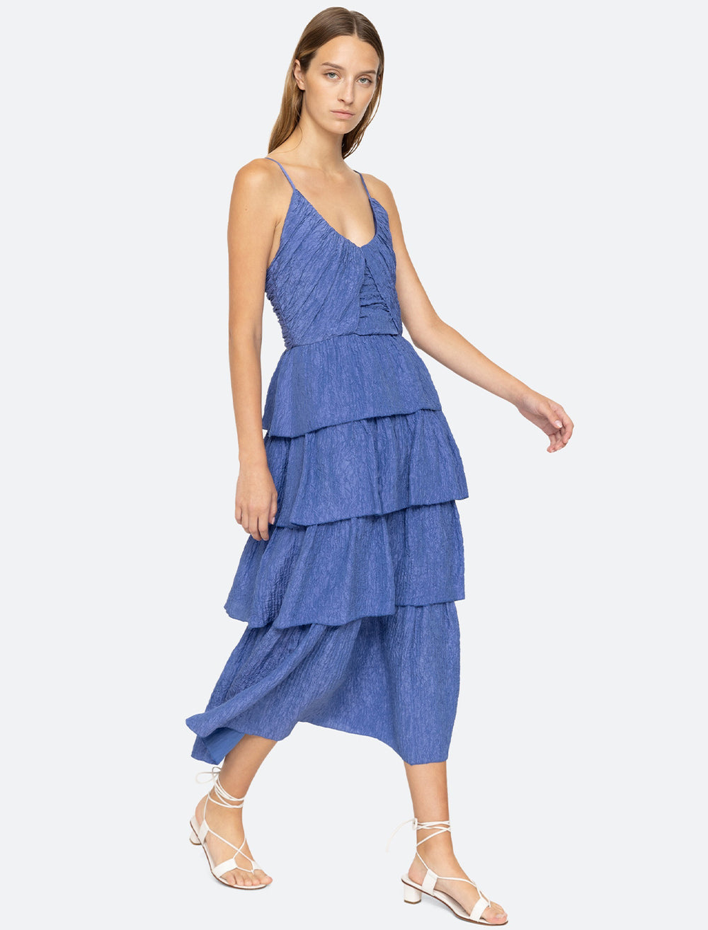 Model wearing Sea NY's Siya Silk Layered Dress in Blue.