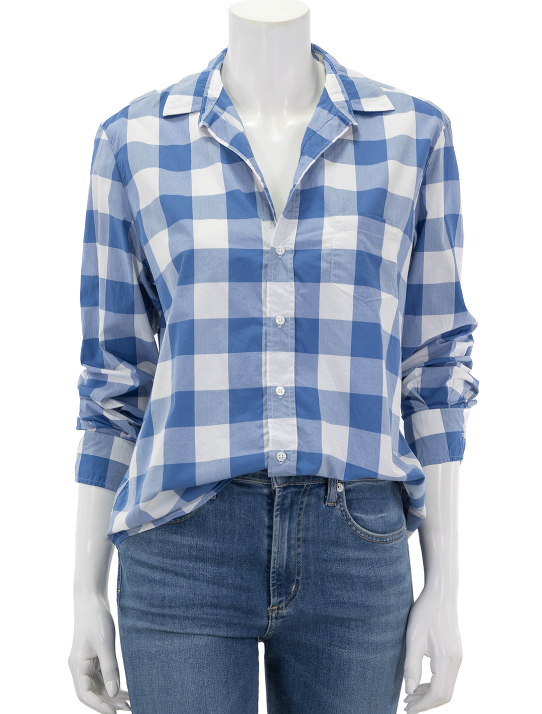 Front view of Frank & Eileen's eileen in x large blue white check.