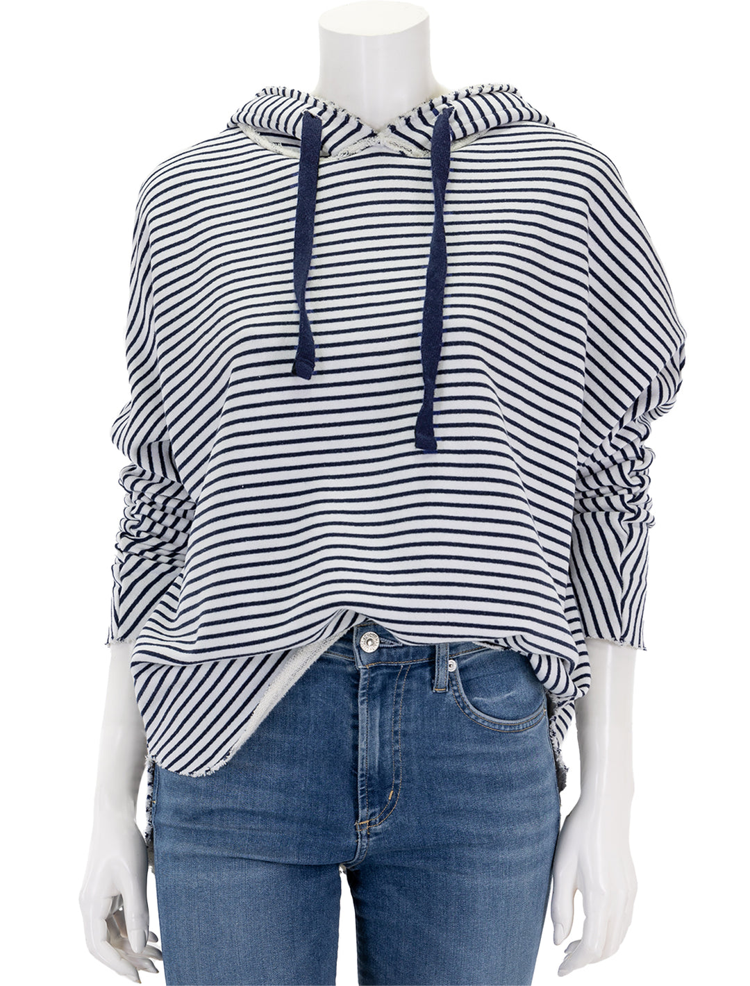 Front view of Frank & Eileen's kane capelet hoodie in white and british royal navy stripe.