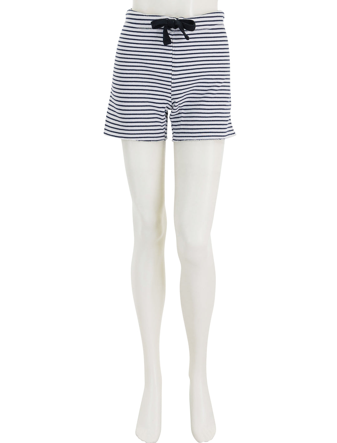 Front view of Frank & Eileen's pearl shorts in white and british royal navy stripe.