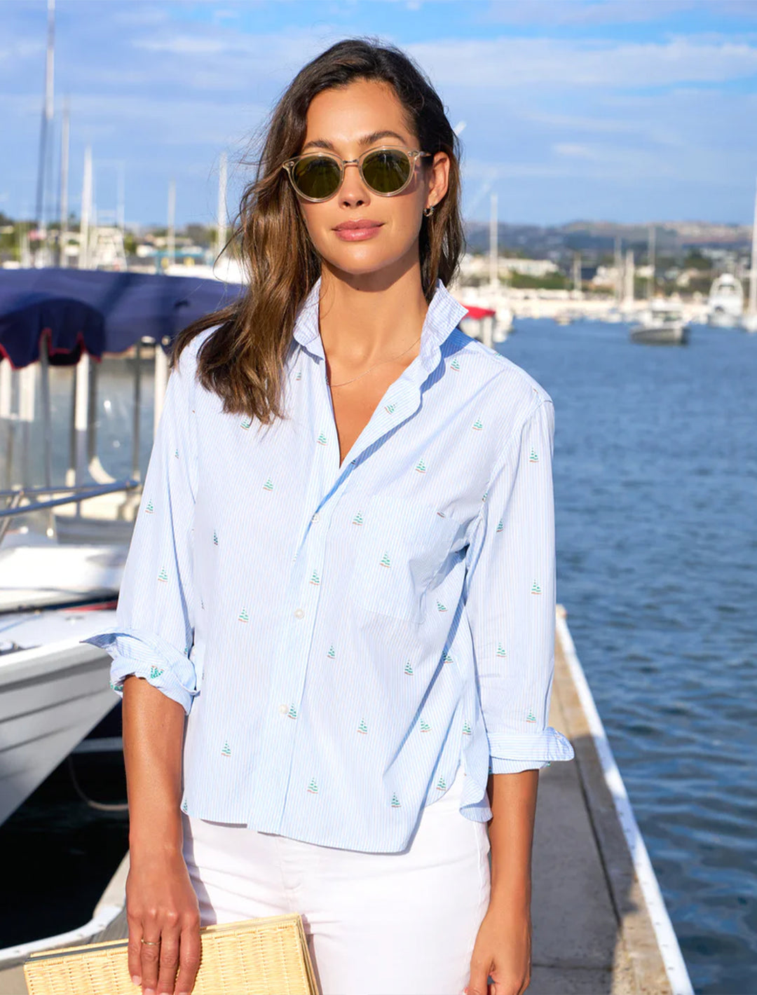 Model wearing Frank & Eileen's silvio light blue stripes and sailboats.