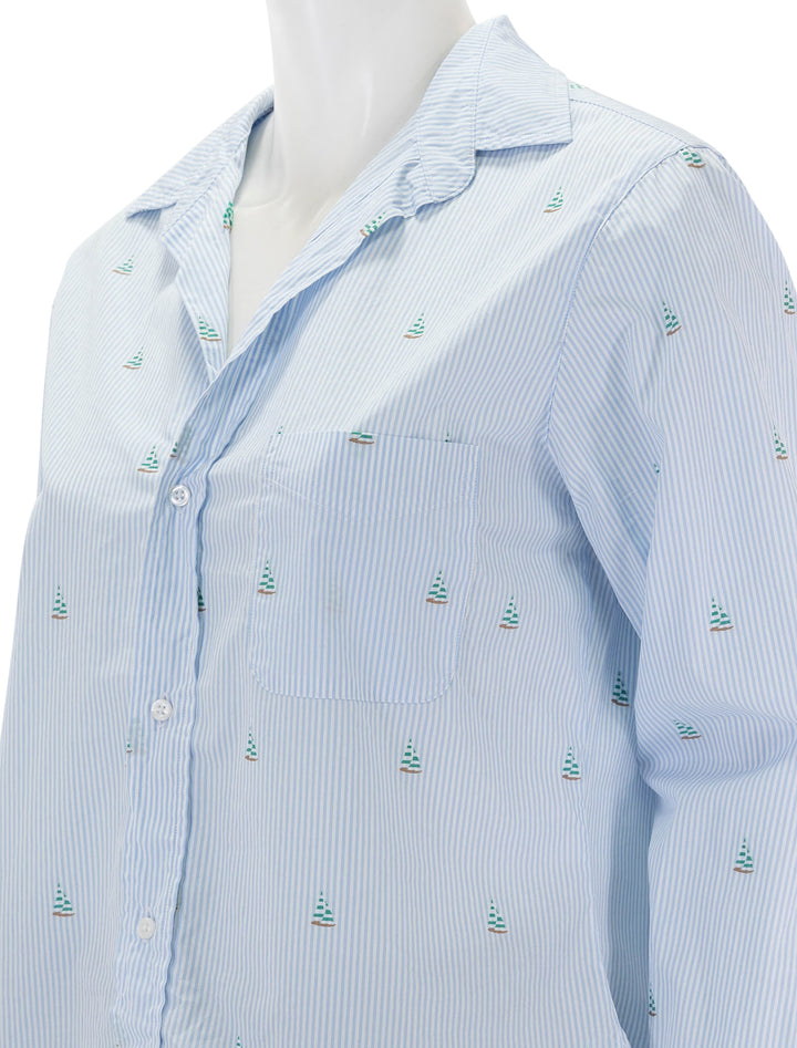 Close-up view of Frank & Eileen's silvio light blue stripes and sailboats.